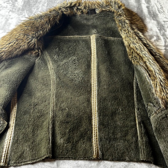 FORNIA Womens Faux Leather Fur Lined Vest Olive Green Moto Zip Pockets Size M - Picture 8 of 12